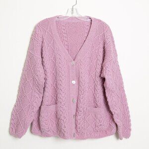 Hand Knitted Cardigan Pink Sweater Chunky Diamond Stitch Oversized M/L